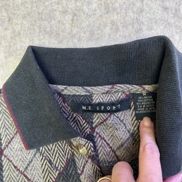 Vintage ME SPORT Mens Long Sleeve Argyle Polo Sweater Shirt Medium GrandpaCore - Picture 3 of 7